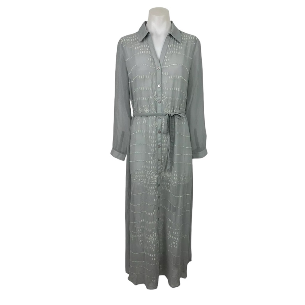 Soft Surroundings Embroidered Gray Sheer Button-Down Maxi Boho Shirt Dress PL